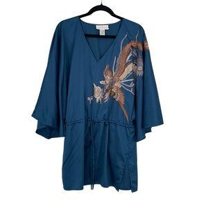 Soft Surroundings Womens Blue V-Neck Asian Inspired Embroidered Kimono Blouse L.